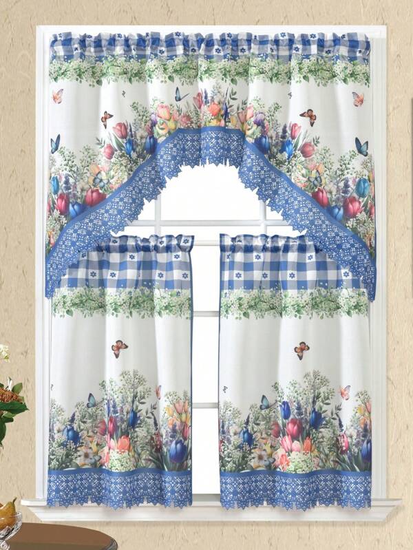 1 SET (3 piezas/Set) Cortina de fibra de acetato con estampado digital, patrón de tulipán y mariposa azul, rojo y beige, cálido y romántico, elegante para decoración de cocina, sala de estar, dormitorio y accesorios de ventana del hogar