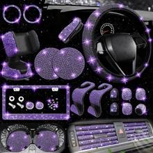 26-Piece Car Interior Diamond-Encrusted Set Steering Wheel Cover Mobile Phone Holder License Plate Frame Car Hook Water Cup Mat One-Button Start Ring Air Outlet Decorative Strip Set
