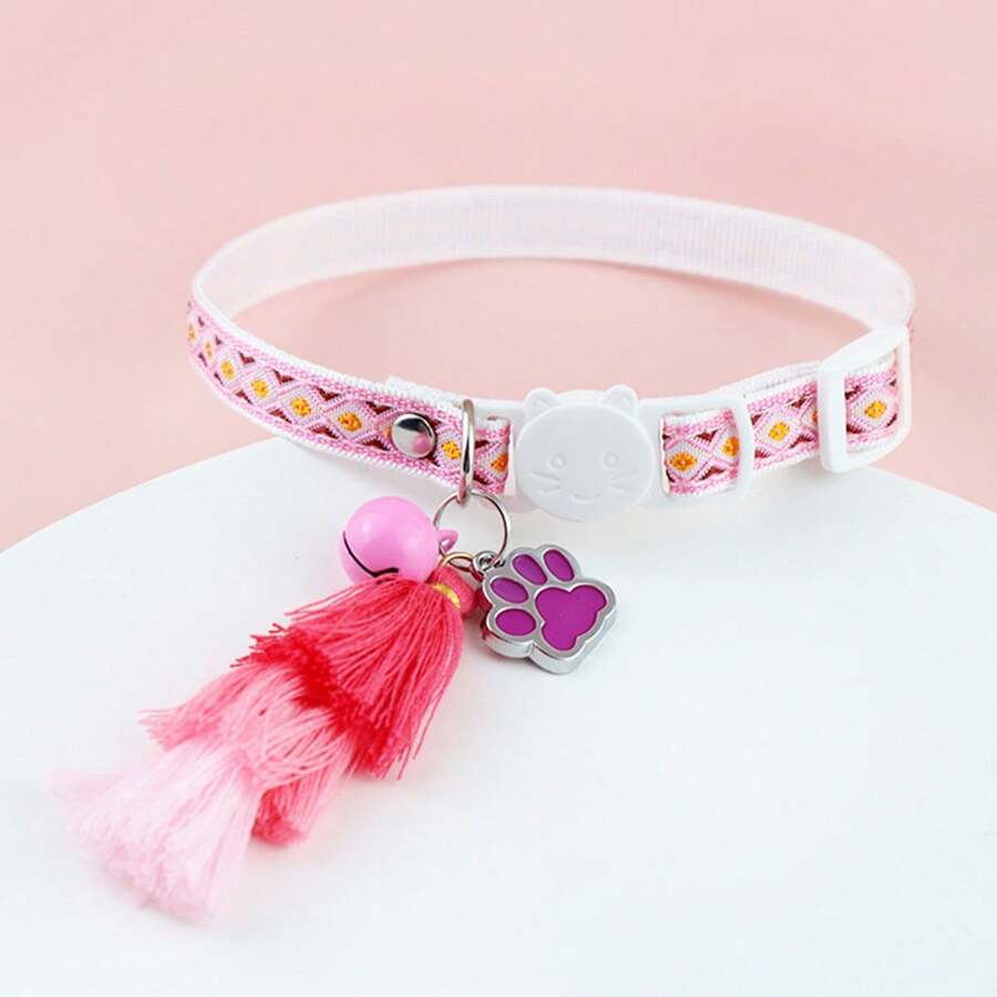 1 件粉色流苏夜光宠物项圈带爪印，彩色菱形宠物项圈带猫铃铛，可调节，宠物领结，复活节派对宠物礼物 - 粉色 - 查看 1