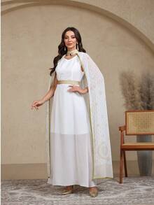 Dubai Style Allover Print High Waist 2 Pieces Set, Long Dress With Shawl,Modest - White - View 3