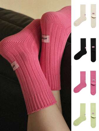 1 Pair/2 Pairs Autumn/Winter Japanese Style Pink Dopamine Color Label Solid Color Thick Cotton Blend Mid-Calf Socks, Fall