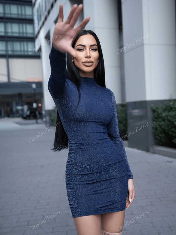 Carolina Barros Mock Neck Ruched Side Glitter Bodycon Dress