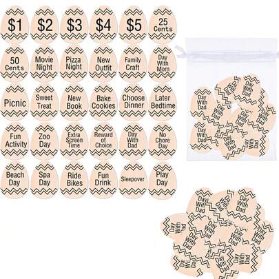 （礼品包装套装）66/132 件复活节彩蛋代币套装，包含 60/120 件木质复活节奖励代币（30 种不同的刻字）和 6/12 个欧根纱袋，内含复活节木质代币及礼品袋，适用于复活节派对装饰和回礼（复活节彩蛋）。