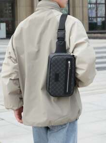 1 pieza Bolso de pecho de hombre con estampado geométrico negro de PU, bolso bandolera casual y de moda adecuado para compras, deportes, vacaciones para hombres y mujeres