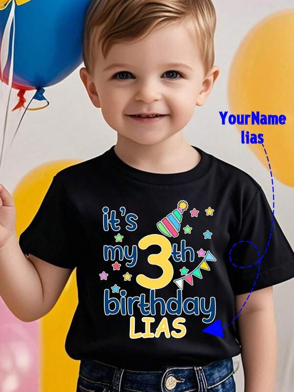 3. Urodzinowa Czapka, Spersonalizowany Nadruk Imienia, Chłopięca Koszulka Z Nadrukiem Wzoru, Dziecięca Czarna Krótki Rękaw Sportowa Koszulka, Szybka Wysyłka