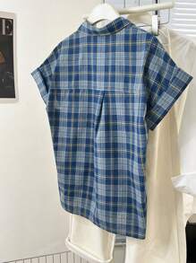 YUXIN Camisa de manga corta con hombros caídos y diseño de cuadros azules versátil y casual para uso diario para mujeres, parte superior de corte holgado, nuevo diseño de verano
