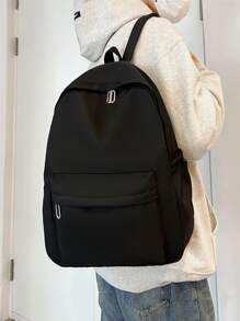 新款春季中小学生纯色百搭背包大容量旅行包简约外出背包男士休闲背包 - 黑色 - 查看 5