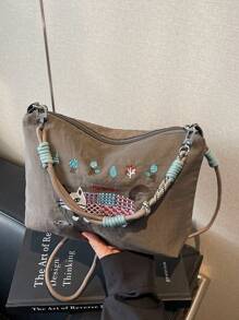 Japanese Style Embroidered Shoulder Bag, Unique Design Fashion Versatile Large Capacity Casual Messenger Bag, Lightweight Tote