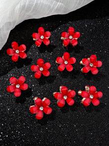 10pcs Women Rhinestone Flower Hair Claws, Red Tone, Elegant Style, Metal Material, Suitable For Everyday Casual Use