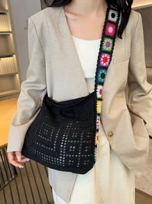 Korean Fashion Knitting Bag Bohemian Style Knitting Bag Holiday Wind Hollow Knitting Bag, Flower Pattern Decorative Messenger Bag Shoulder Bag Hook Bag Female Bag, Suitable For Travel, Seaside Holiday Use., Perfectly Matching With Vacation Outfits Women