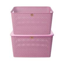 2 Piezas Canasta Grande Rattan Con Tapa Multiusos - Rosa - Ver 6