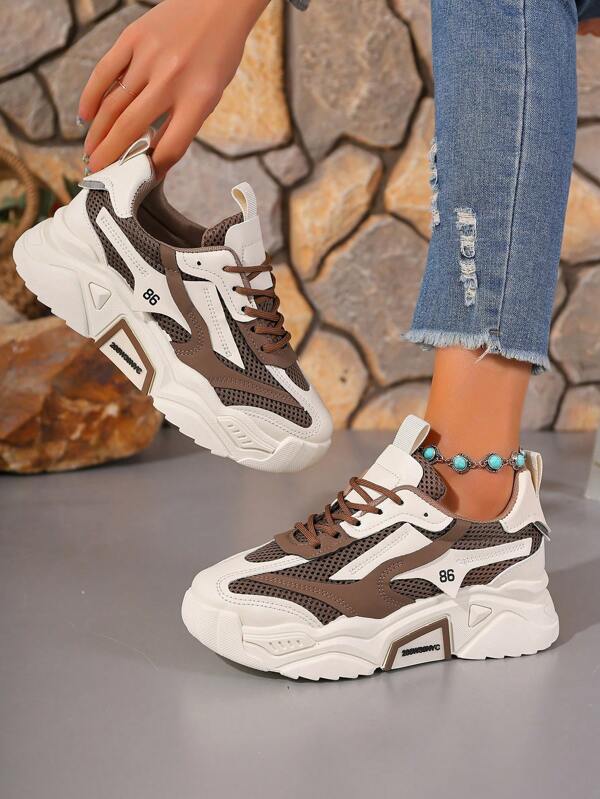 2025 New Women Sports Thick Soled Chunky Sneakers, Brown Breathable Mesh Patchwork Casual Shoes, All Season