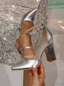 Pointed Toe Glitter Hollow Out Chunky Heel Super High Heel Pumps