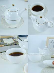 一套耐热喜鹊造型茶壶套装，纯白色带金色镶边茶壶和茶杯，可重复使用的陶瓷咖啡/茶杯套装，是圣诞节、万圣节、复活节、感恩节的理想礼物。