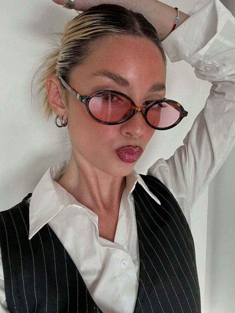 1 PC New Vintage Oval Small Frame Fashion Glasses, Stylish High-End Casual Everyday Wear Fashion Glasses For Women Beach Accessories For Women Glasses Shades Beach Accessories For Women Glasses Shades For Summer Beach Vacation,Outdoor,Travel - Hồng - Xem 1