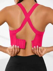 Seamless High-Elasticity And High-Support Sports Bra,Women Underwear Detachable Chest Pad With Cross-Strap Design,Women's Fitness Solid Color Simple Yoga Bra,Women Soft And Comfortable Sports Tops ,Multi-Color Options (Black/Brown/Blue/Hot Pink/Gray/Red) - 玫紅色 - 查看 4