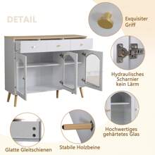Esszimmerschrank mit Stauraum, Kaffeebarschrank mit 3 Schubladen und 3 gewölbten Türen mit Einscheibensicherheitsglas, TV-Schrank mit Stauraum, Dekoschrank mit 2 Seitentüren mit Einscheibensicherheitsglas, Dekotisch für TV-Entertainment in geschwungenem Design, Kommode weiß 4 Schubladen für Esszimmer, Wohnzimmer, Eingangsbereich, Holzdekor weiß