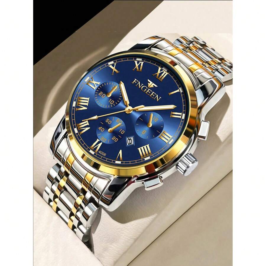 1 pieza Reloj de pulsera de negocios casual de acero con múltiples funciones y esfera de cuarzo, estilo de moda coreano para hombre - A - Ver 1