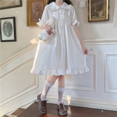 1pc Lolita Style Peter Pan Collar Bowknot Puff Sleeve Ruffle Hem Dress, Suitable For Daily Wear In Summer Halloween
