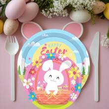 Set desechable de vajilla con temática de conejitos de pascua para fiestas de primavera - 10/20/80 piezas incluyendo vasos de papel, servilletas, platos de papel de 7/9 pulgadas, apto para fiestas de cumpleaños, reuniones familiares, reuniones de clase, picnics al aire libre