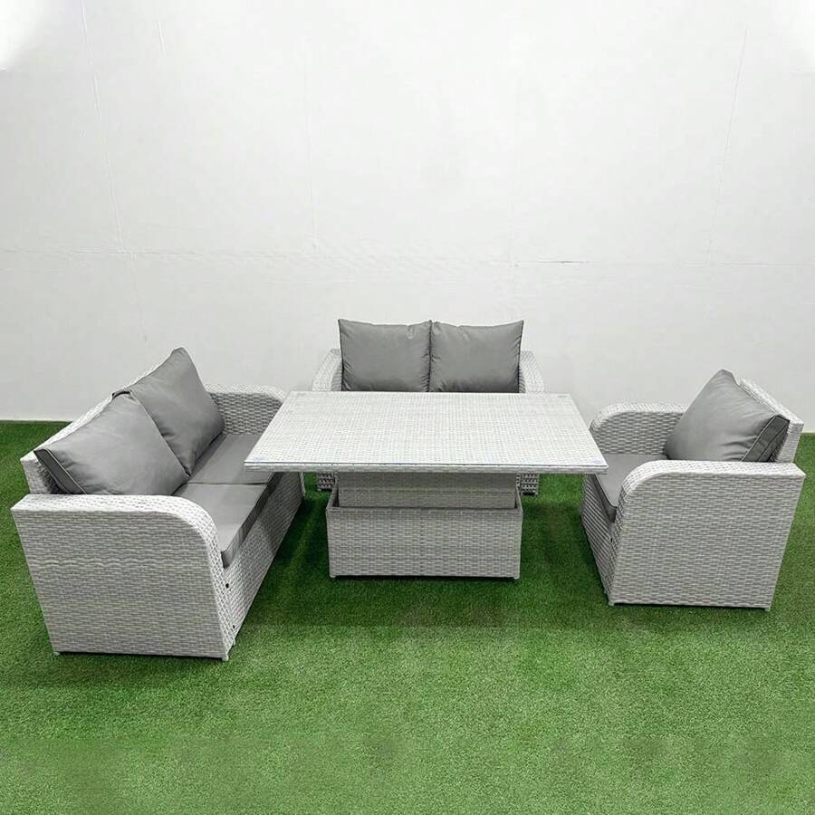 Fimous High Back Poly Rattan Garden Furniture Set With Reclining Chair Loveseat Sofa Adjustable Lifting Dining Or Coffee Table Indoor Outdoor Patio Set Light Grey - Light Grey - View 1