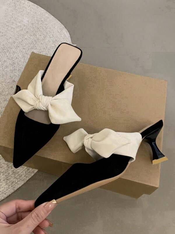 Women's Bowknot Pointed Toe High Heel Sandals, French Style Closed Toe Mules, Lady Slippers For Spring/Summer