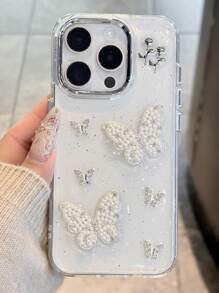 Korean Pearl Butterfly Clear Phone Case Compatible With IPhone 16 15 14 13 Pro Max Transparent Epoxy Sequins Flower Back Cover - Clear - View 1