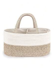 1 件装多功能分隔收纳篮，便携式收纳篮，适用于婴儿奶瓶、尿布、妇幼用品，Ins 风格手工编织绳脏衣服篮子，大容量收纳篮，适用于家庭卧室玩具 - 白色拼接米色 - 查看 4