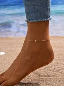 1pc Women's Gold Stainless Steel Cross Anklet, Fashion Jewelry Beach Accessories 18K Gold Plated