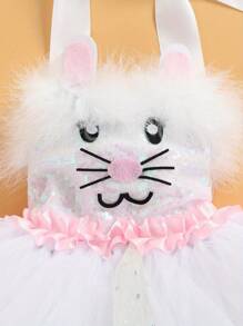 Easter Little Girls Dress, Toddlers Cartoon Bunny Pattern Sequins Plush Mesh Splicing Hanging Neck Sleeveless Princess Skirt Birthday Party Dress - trắng - Xem 6