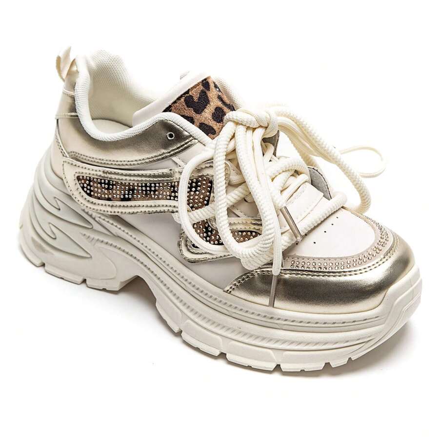 Fashionable Casual Leopard Print Patchwork Rhinestone Thick Sole Sneakers - Leopard - View 1