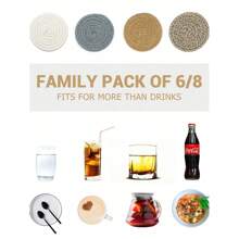 4/8 件编织饮料杯垫，圆形吸水饮料杯垫，手工布艺杯垫，带托盘的吸水杯垫套装，波西米亚风格 - 灰色 - 查看 5