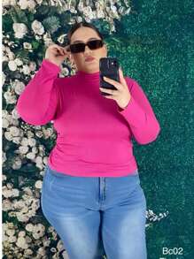 Plus High Neck Solid Blouse - Hot Pink - View 1