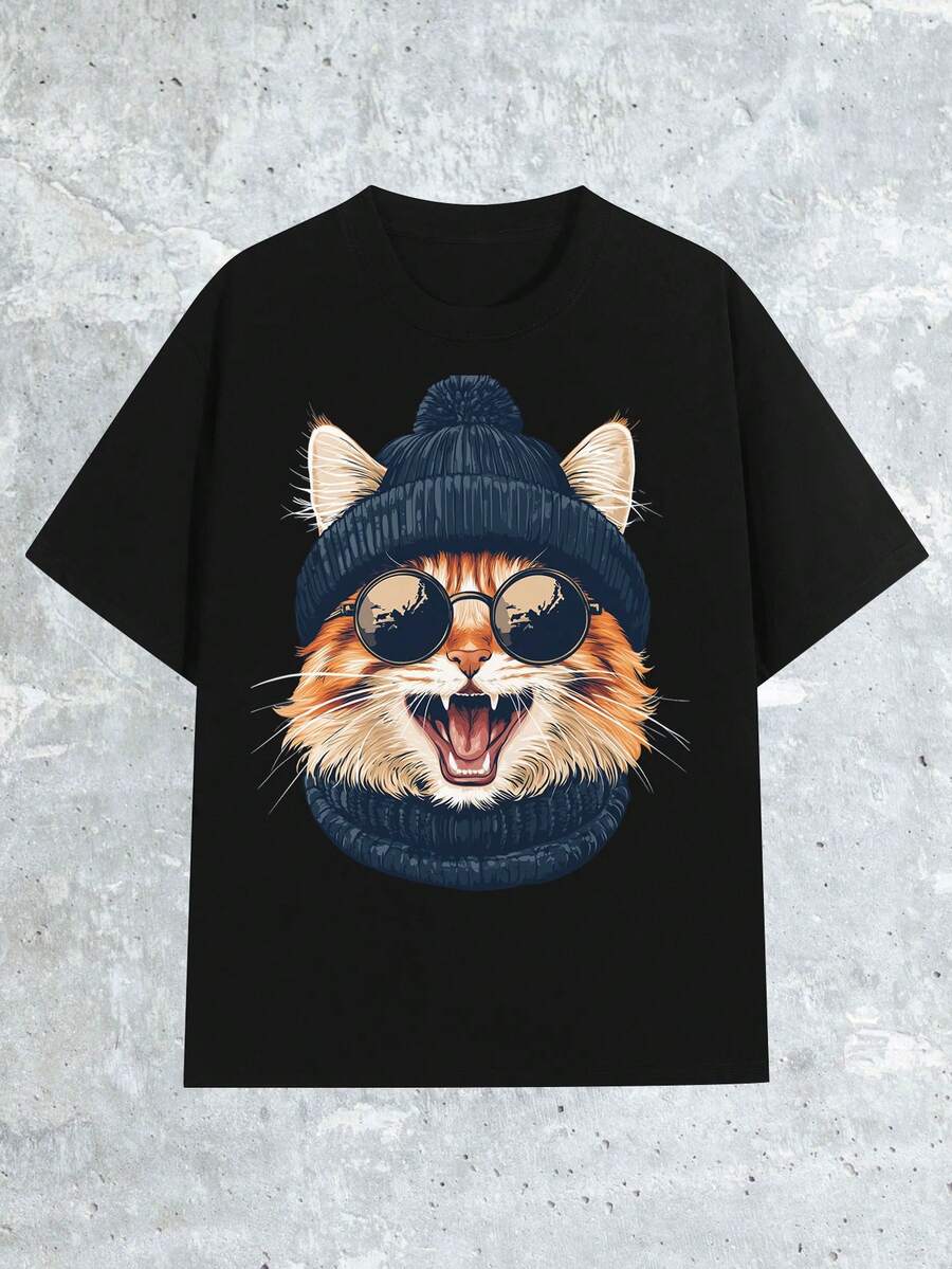Cool Cat Design Men's Cotton T-Shirt Crew Neck Short Sleeve Soft And Comfortable 100% Cotton Street Style Graphic Printed Tee 220g Ideal For Casual Outings - Black - View 1