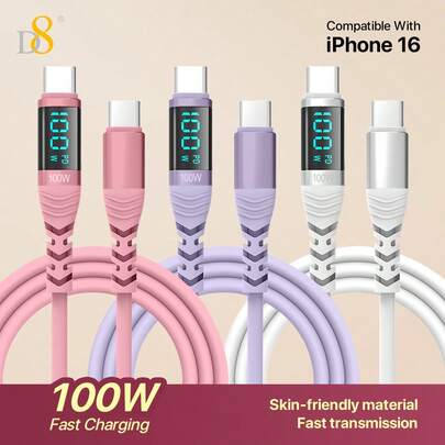 D8 USB C 转 USB C 数据线 100W/5A PD 快速充电充电器线带 LED 显示屏，兼容 16/15 Max/13/15Pro/ Air 2023/iPad Pro 2023、iPad Air 5、S Amsung Galaxy S23 S23+ S23 Ultra S22 S22+ S22 Ultra S21/ S21+/ S21 Ultra S20/兼容 MacBook Nan