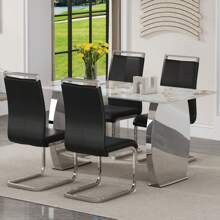 MUUOKY Juego de mesa de comedor de 71" para 6, juego de mesa de comedor con tablero de vidrio de imitación de mármol de 0,4" de espesor, juego de mesa de cocina de 7 piezas, mesa de comedor rectangular moderna con 6 sillas de PU para comedor, cocina, juego de mesa para decoración de habitaciones, decoración del hogar, accesorios de cocina, decoración del día de San Valentín, cocina, boda, día de San Valentín - Negro - Ver 4