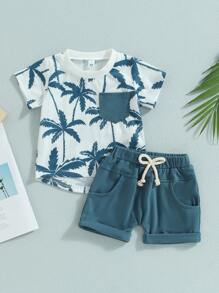 Toddler Baby Boy Summer Clothes Palm Tree Short Sleeve Tee Shirt Beach Shorts Set Infant Tropical Outfits - Màu xanh lam - Xem 2