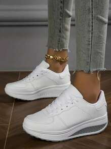 舒适的四季女士坡跟运动鞋 - 防水超细纤维材质，休闲系带，低帮设计 - 白色 - 查看 1