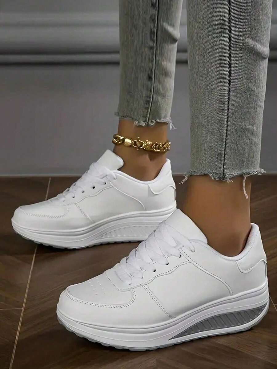 舒适的四季女士坡跟运动鞋 - 防水超细纤维材质，休闲系带，低帮设计 - 白色 - 查看 1