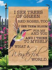 1 件，多么美妙的世界花园旗帜，蜂鸟印花我看到绿树红玫瑰墙艺玫瑰标志，墙面装饰双面亚麻材料旗帜 14.17 * 18.50 英寸，适用于户外庭院花园农舍装饰（仅限旗帜） - 彩色 - 查看 3