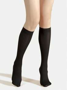 1/3 Pairs Black Grid Texture Pattern Knee High Socks, Fashionable Opaque Nylon Pantyhose, Breathable Thigh High Socks For Daily Wear, Cozy - Black - View 14