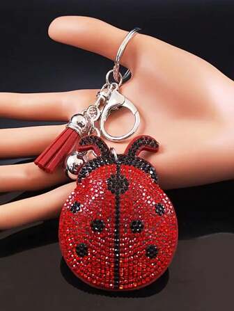 带红色流苏的闪亮水晶瓢虫钥匙扣 - 时尚金属珠宝配饰，优雅男女钥匙扣，时尚钥匙扣，装饰性钥匙圈汽车配件包饰背包，适合学校可爱哥特 Y2k