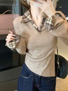 Women's Polo Neck Long Sleeve T-Shirt, Fashion Design Layered Look, Slim Fit Waist, Base Wear Top, Spring Casual - Khaki - View 2