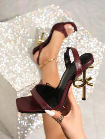 2025 Summer New High Heel Sandals, Stiletto Heel, Sexy Strap, Elegant Square Toe, Versatile, Gold Shoes