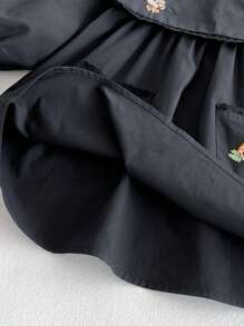 Young Girls Cartoon Rabbit Embroidery Dress With Large Collar, Pockets & Mushroom Embroidered, Black, Suitable For Spring, Summer, Autumn