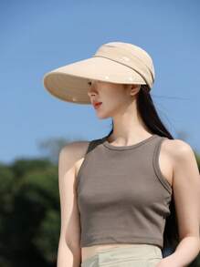 1pc Solid Color Large Brim Hat With Detachable Face Mask, Shoulder Cape For Sun Protection Polyester, Spring Season