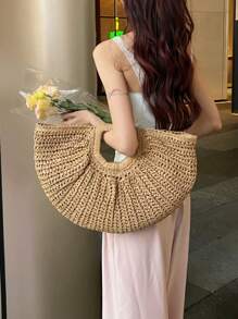 1 件大容量草编手拿包，云形半圆形设计，夏季旅行沙滩包，适合日常购物 - 卡其色 - 查看 6
