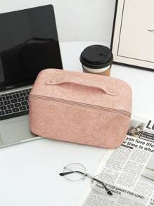 1 PC High-Grade Cherry Blossom Pink PU Leather Retro Style Embossed Relief Make Up Bag,Fashionable And Casual Large Capacity Portable Zipper Makeup Bags,Travel And Vacation Essentials Cosmetic Bags For Sanitary Napkins,Pouch Pads,Wired Earphones,Earpods,Headphones,Charger,Lipsticks,Cosmetics,Perfume,Skin Care And Beauty Products,Home Decor,For Mom,Women,Nurses,Students,School Girls,Keys,Holiday Gifts