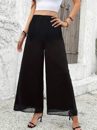 Women's Solid Color Casual Elastic Waist Wide Leg Pants, Suitable For Autumn Daily Wear