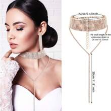 3 件套女士水钻首饰套装水钻流苏颈链项链流苏手链水晶吊坠耳环适合婚礼新娘派对